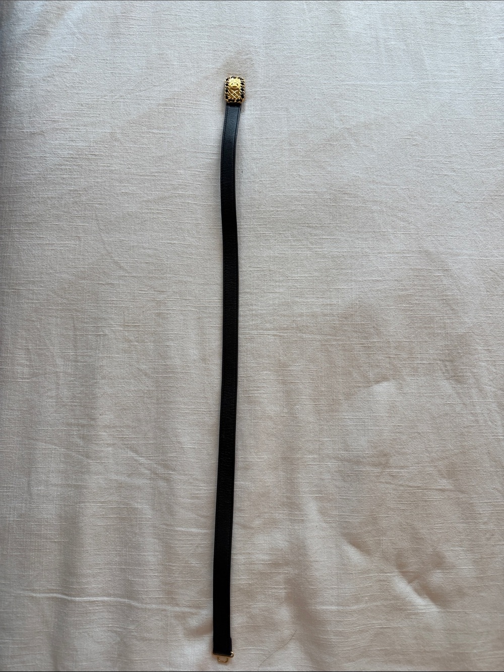 CHANEL Black Belt with Gold-Tone Decorative Buckle